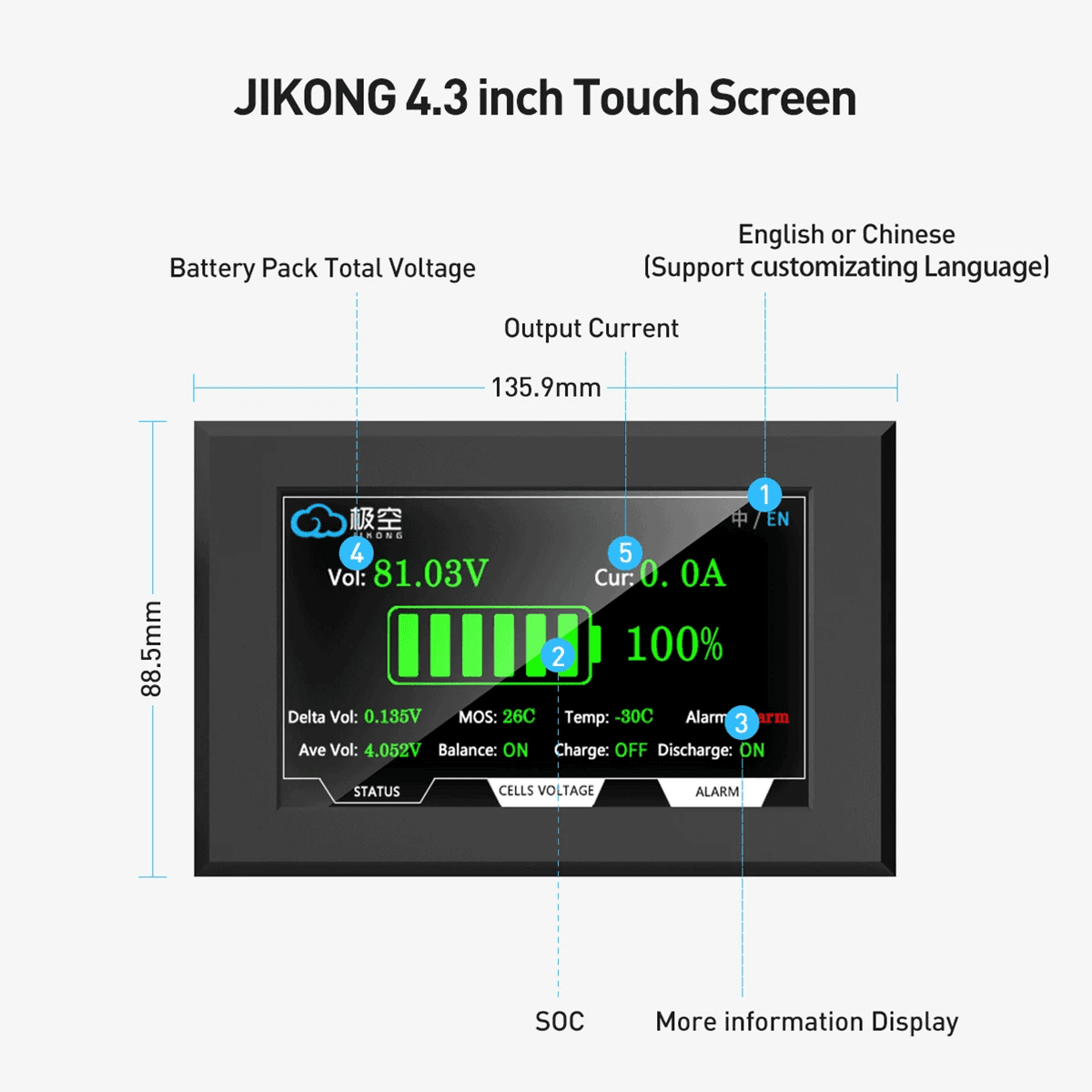 JK-BMS 4.3 Touch Screen V15 with Case 3m Cable image 2